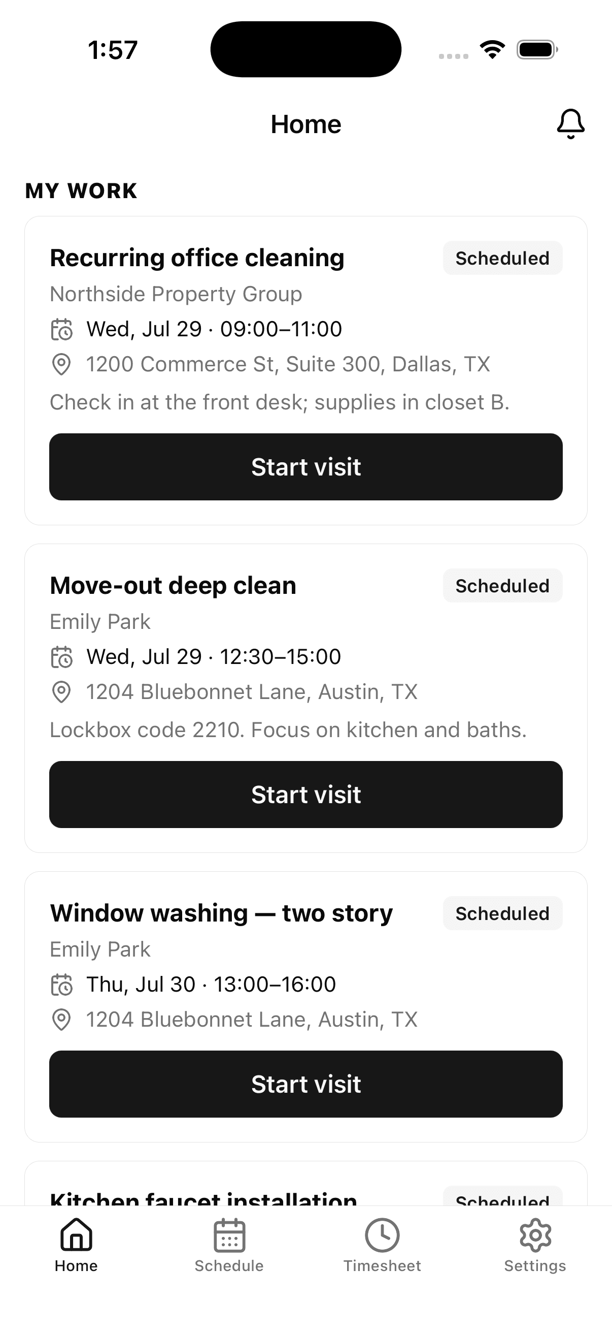 CleanCut Pro mobile app — today's assigned work