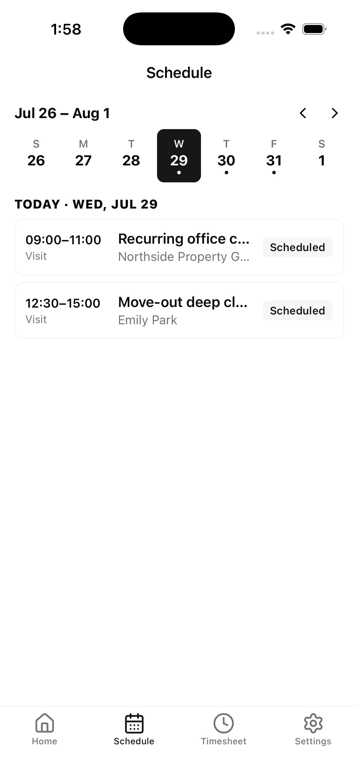 CleanCut Pro mobile app — weekly schedule