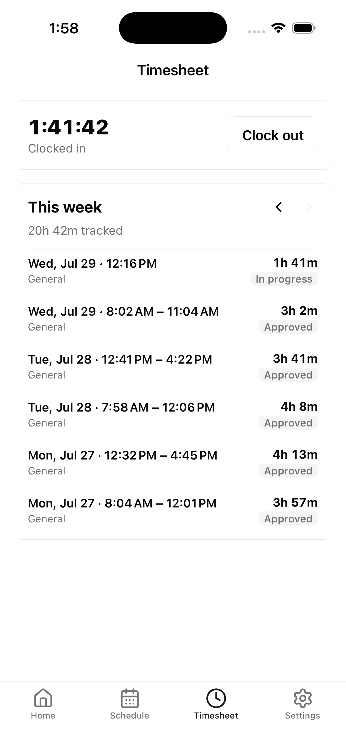 CleanCut Pro mobile app — timesheet with clock in and out